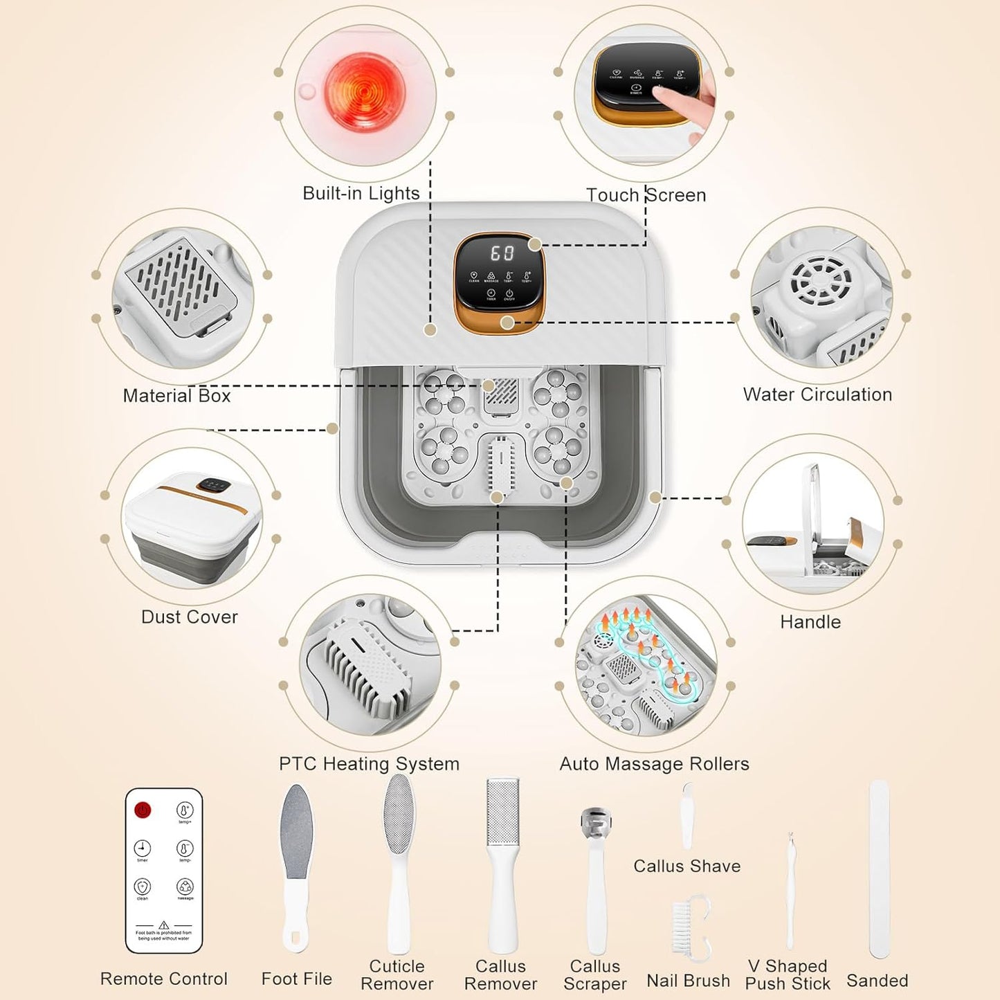 Collapsible Foot Spa Bath - Motorized Massager with Heat & Touch Screen | Pedicure Kit with Temperature Control