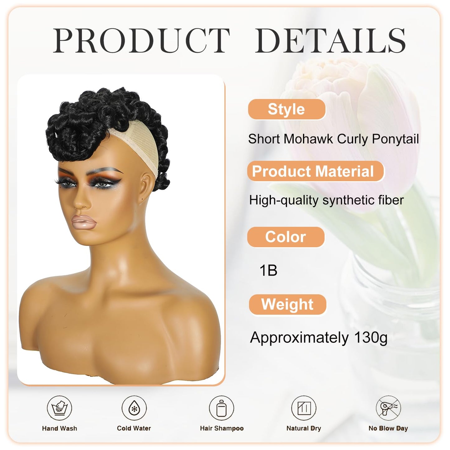 Mohawk Wig Curly Ponytail with Bangs,Short Kinky Curly Synthetic Clip on Mohawk Ponytail Extension Hair Pieces for Women with Six Clips and Two Combs Fluffy Natural Hair for Daily and Party Use 1B