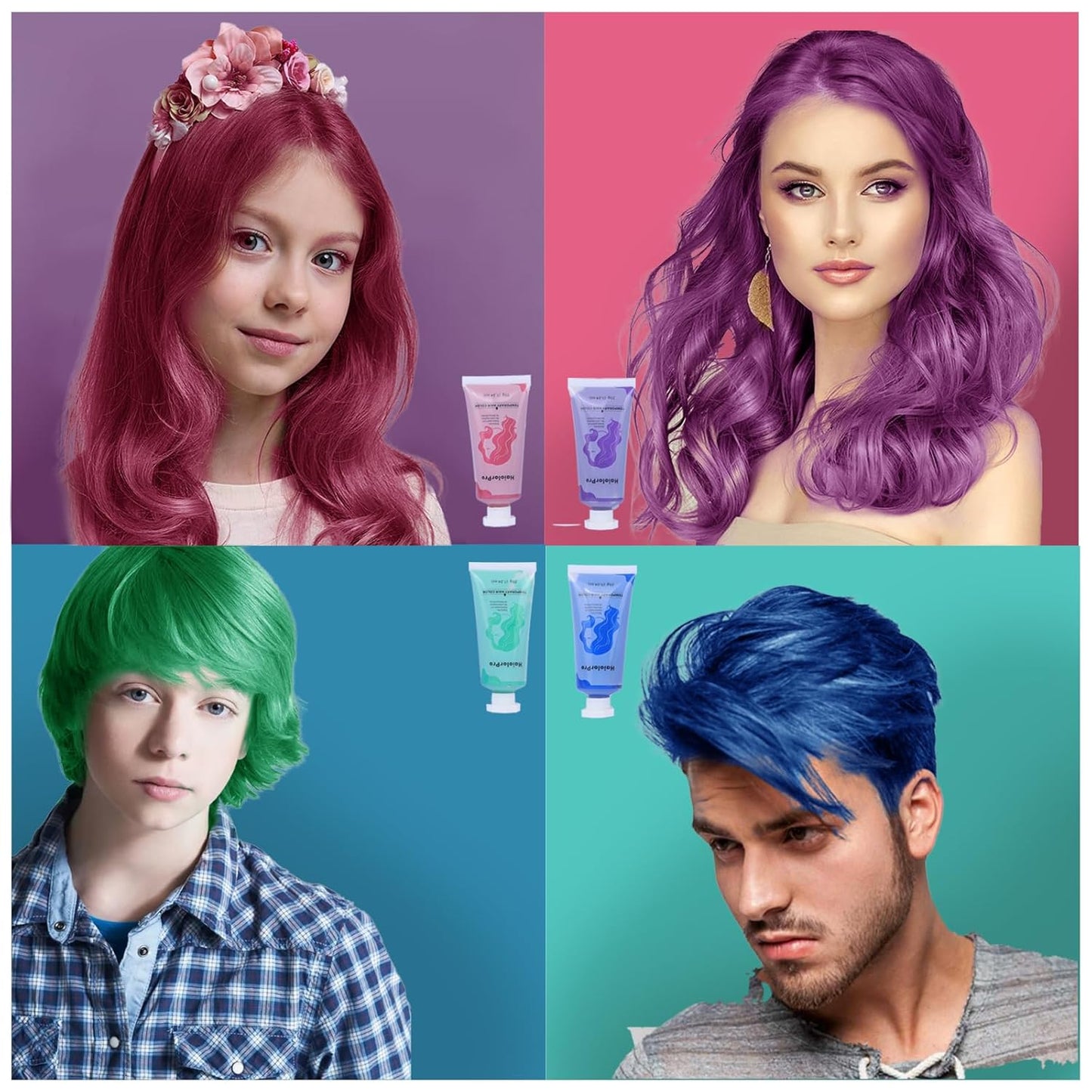 Temporary Hair Color Wax Kit - 4 Washable Hair Dyes in Green, Blue, Pink & Purple | Perfect for Kids & Adults 6-13 Years