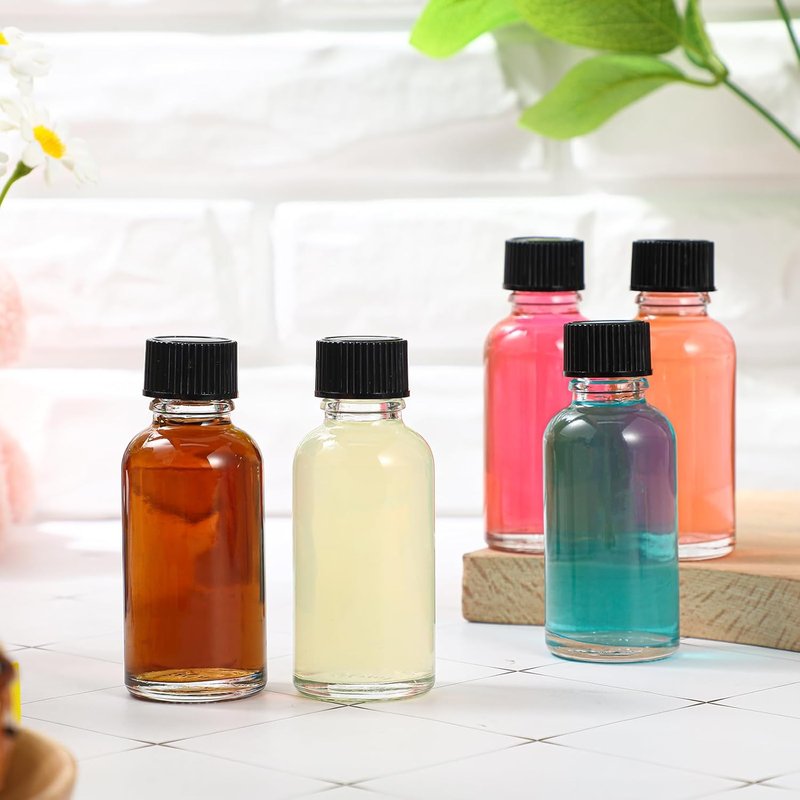 Clear Boston Round Glass Bottles - 1 oz with Black Caps & Funnel | 48 Pcs for Essential Oils & Extracts