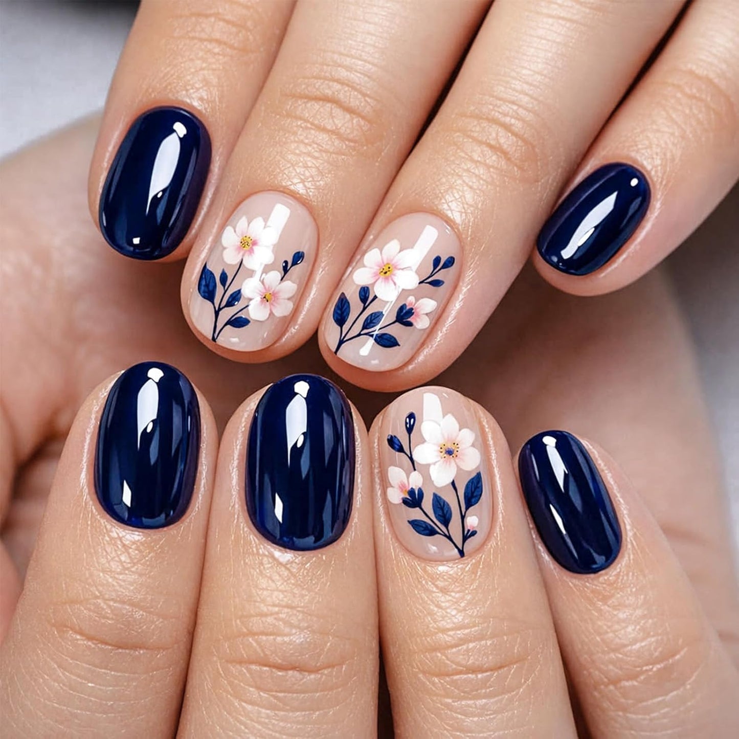 Gradient Blue Press-On Nails - Medium Square 3D Shell Starfish Design | 24Pcs Glossy Acrylic for Beach Vacation