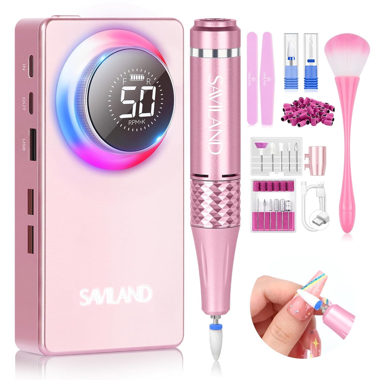 SAVILAND 50000 RPM Nail Drill - Professional Electric Nail File for Fast Acrylic Manicure | Portable Rechargeable Design