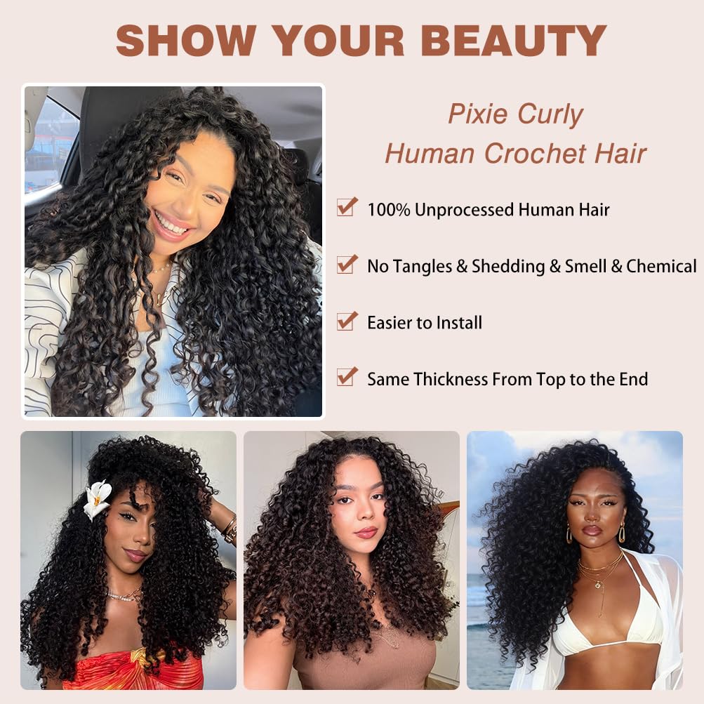 Pixie Curly Feather Crochet Human Hair 24 Inch 60g/pack Miracle Knots Hair 16A Curly Human Hair Crochet for Black Women Brazilian Invisible Pre-Separated Raw Human Crochet Hair Natural Color