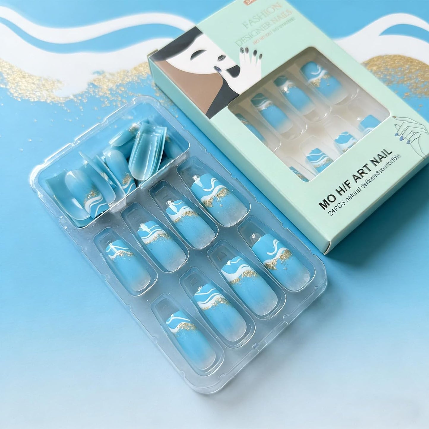 Medium Square Blue Wave Press-On Nails - Glossy Gradient Glitter Design | 24 Reusable Summer Nails for Women