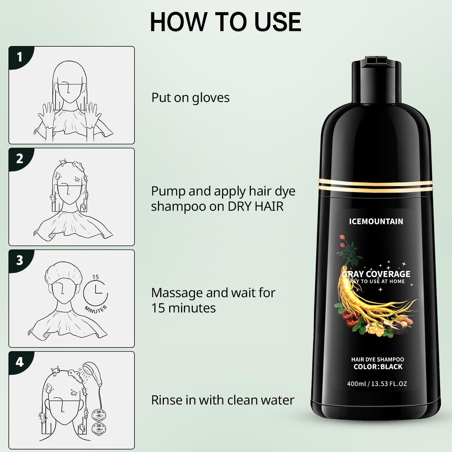 Black Hair Dye Shampoo, Gray Hair Coverage Ammonia Free & Paraben Free Natural Herbal Ingredients Semi Permanent Hair Color Shampoo for Women Men