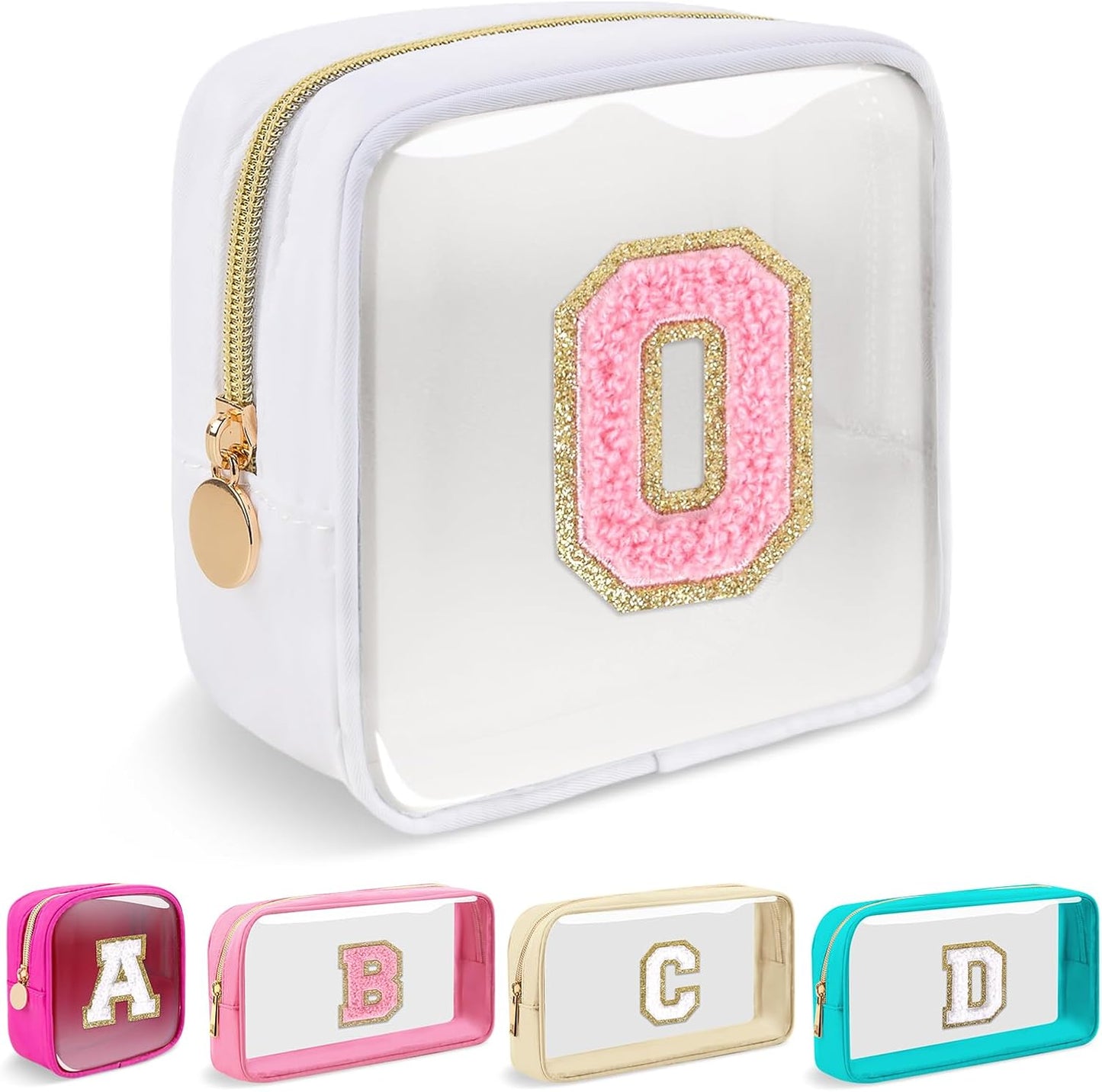 Personalized Initial Makeup Bag - Waterproof Nylon Cosmetic Pouch | A-Z Chenille Letter Patch, White-Pink G