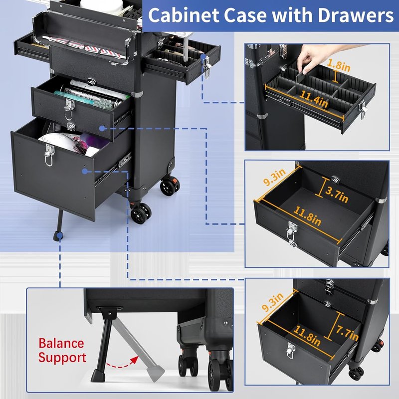 Salon Cart with 4 Drawers - Portable Rolling Hair Stylist Station | Makeup Train Case with Worktop Tray