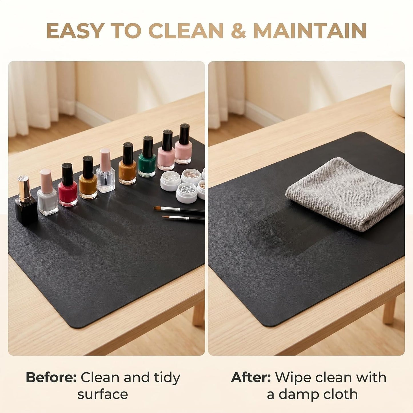 23.6 x 11.8 inches Foldable Nail Art Table Mat, Waterproof Non-Slip PU Leather Nail Desk Pad, Reusable Manicure Mat for Nail Tech Salon Home Acrylic Nails (Black)