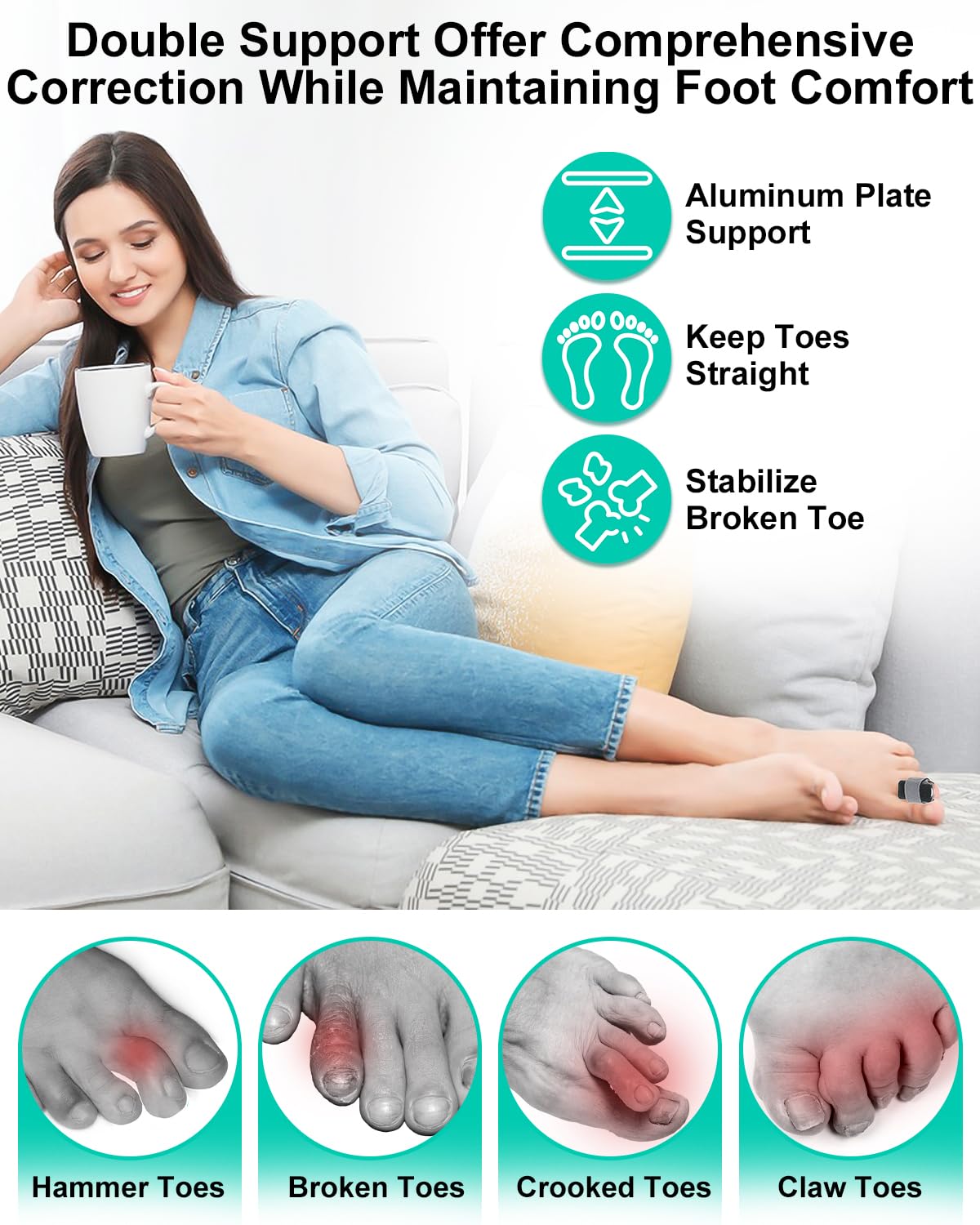 snqqmtt 2Pcs Hammer Toe Straightener with Removable Aluminum Plate and 2Pcs Broken Toe Wraps for Women & Men, Adjustable Toe Corrector for Curled & Bent Toe, Broken Support (Medium)