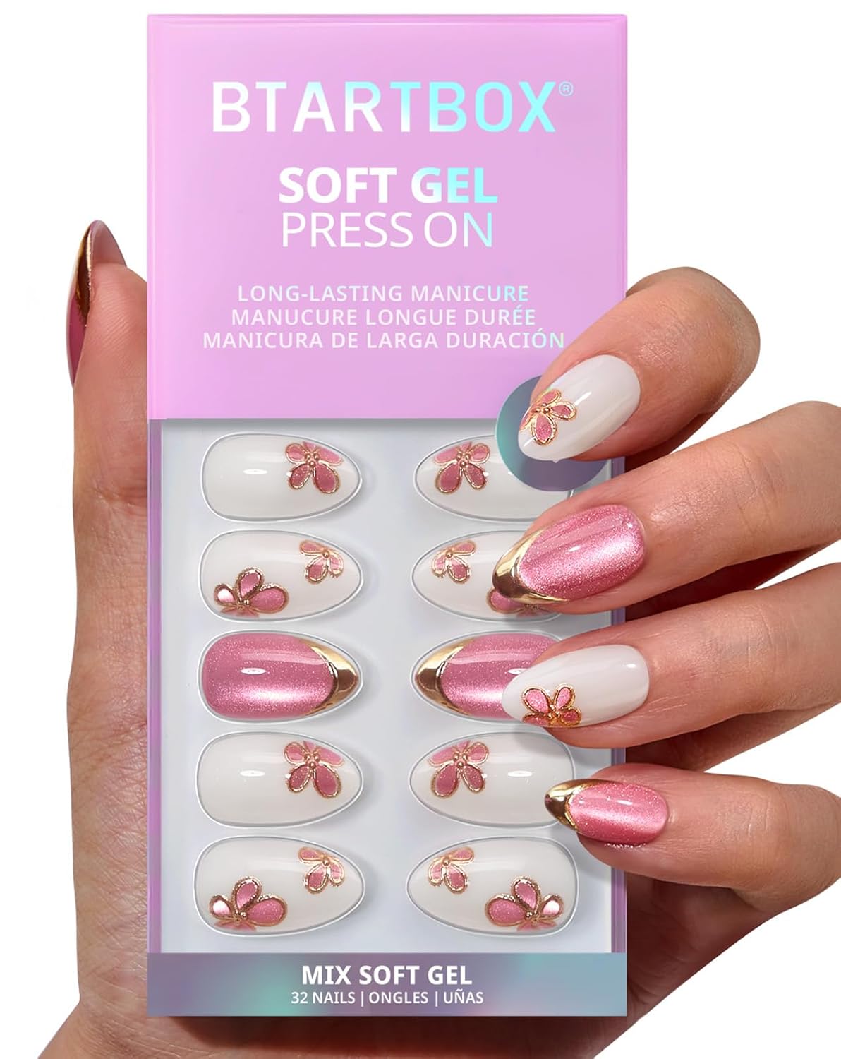 Press On Nails - 3D Butterfly French Tip Almond Design | Opaque Soft Gel, 16 Sizes, 32 Nail Kit