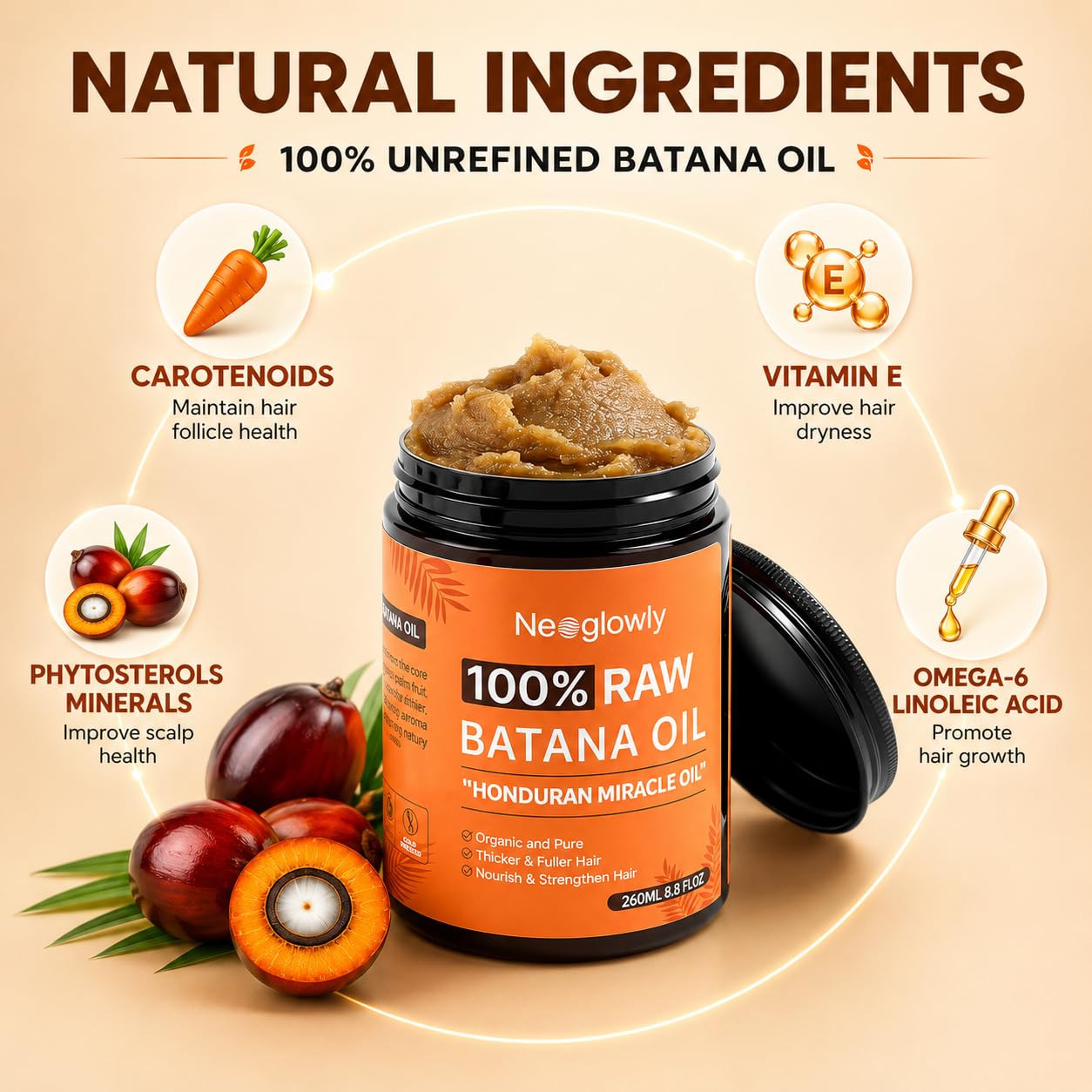 Batana Oil for Hair Growth 8.8oz, 100% Pure & Unrefined Batana Oil from Honduras, Cold Pressed Hair Treatment Oil for Thicker Fuller Stronger Hair, Deep Scalp Moisturizer for Men & Women