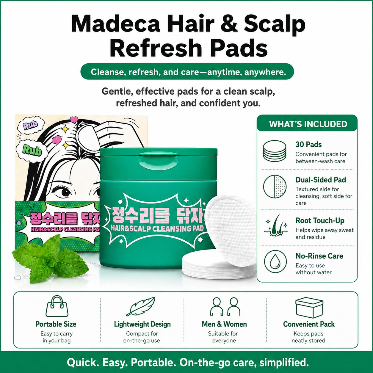 Madeca Hair Cleansing Pads - No-Rinse Hairline Refresh for Post-Workout & Travel | 30 Count