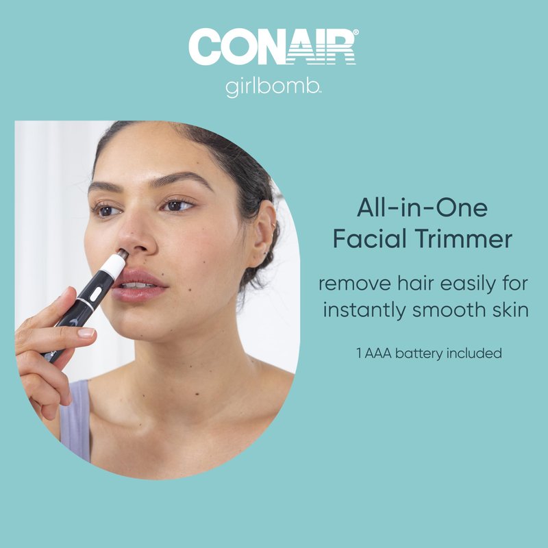Conair GIRLBOMB All-in-1 Facial Hair Trimmer for Women - 9 Piece Kit with 2 Dermablades - Perfect for Face, Ear/Nose and Eyebrows - Battery-Powered