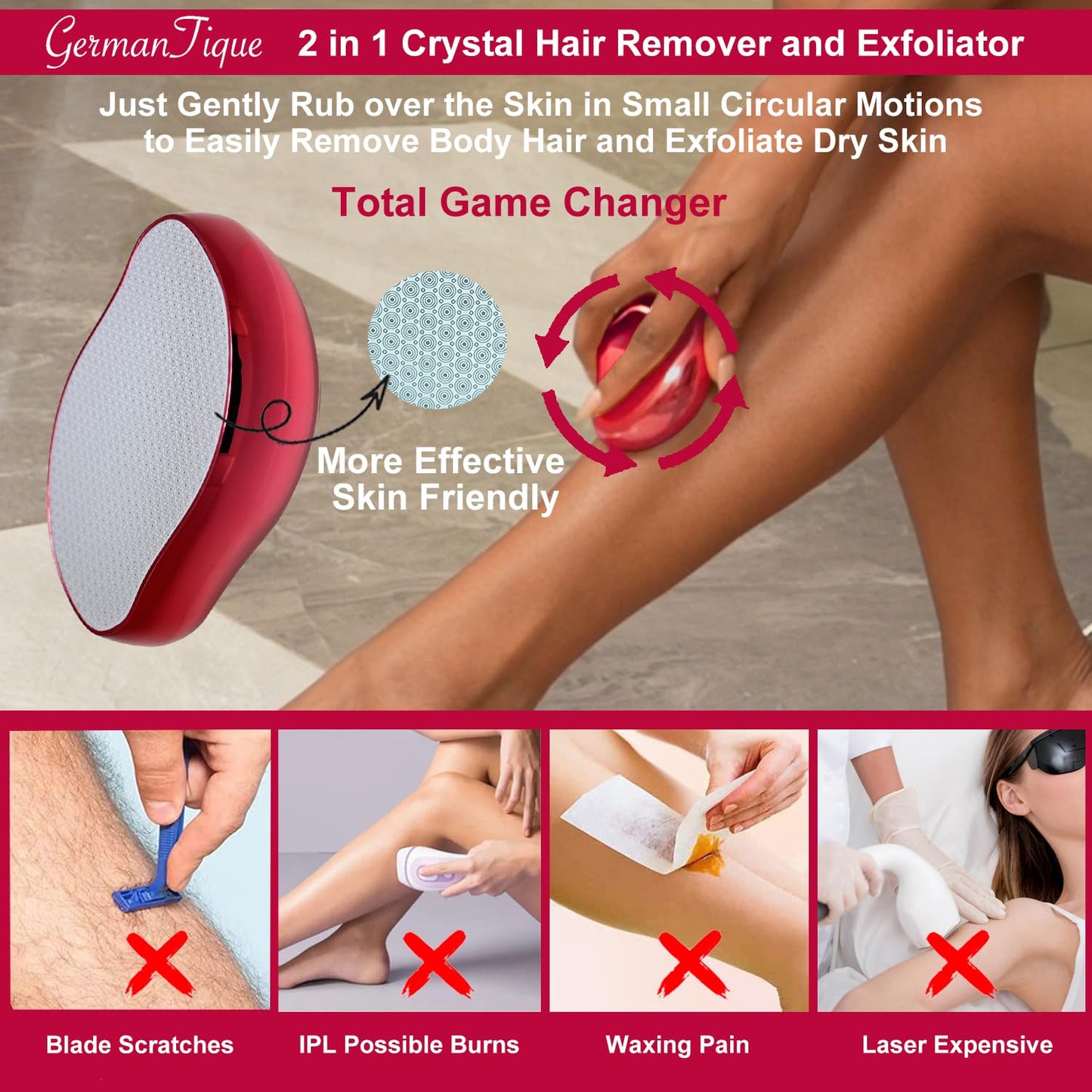 Germantique Crystal Hair Eraser,Natural Crystal Hair Remover,Reusable Painless Nano Glass Hair Removal Device Without Shaver,Gentle Crystal Epilator and Exfoliator for Soft Silky Skin(Red)