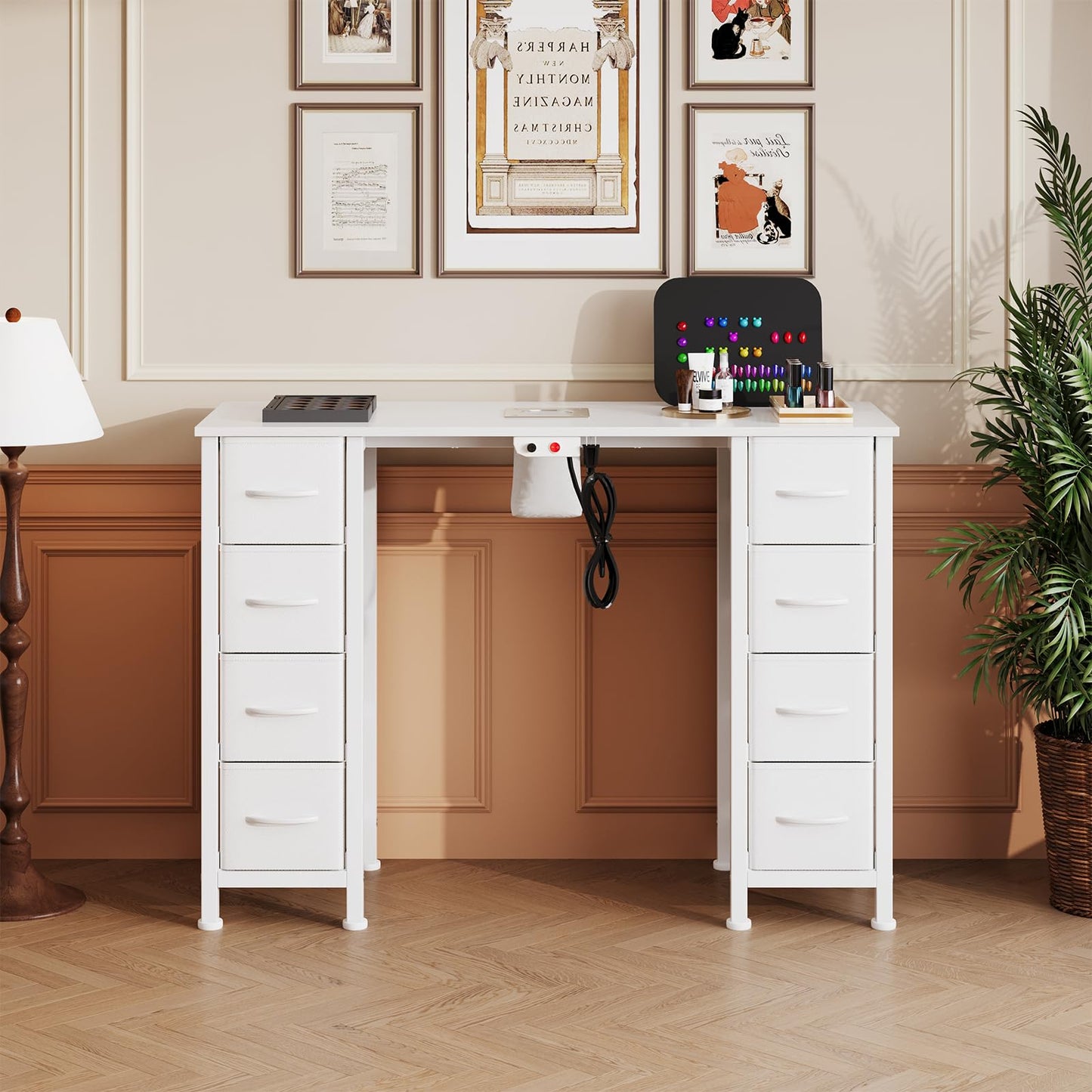 DrawXynth Nail Desk, Manicure Table, Nail Beauty Salon Workstation w/Electric Dust Collector, 8 Fabric Drawers
