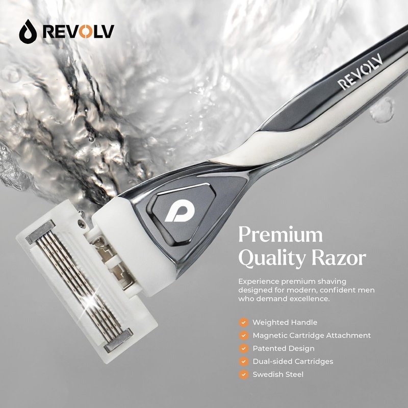 REVOLV - Men’s Razor Shaving Kit - 1 Premium Weighted Handle + 5 Dual-Sided Cartridges + 1 Stand - For a Closer, Smoother Shave - Safe on Sensitive Skin - 4 Razor Blade Refills - Grey