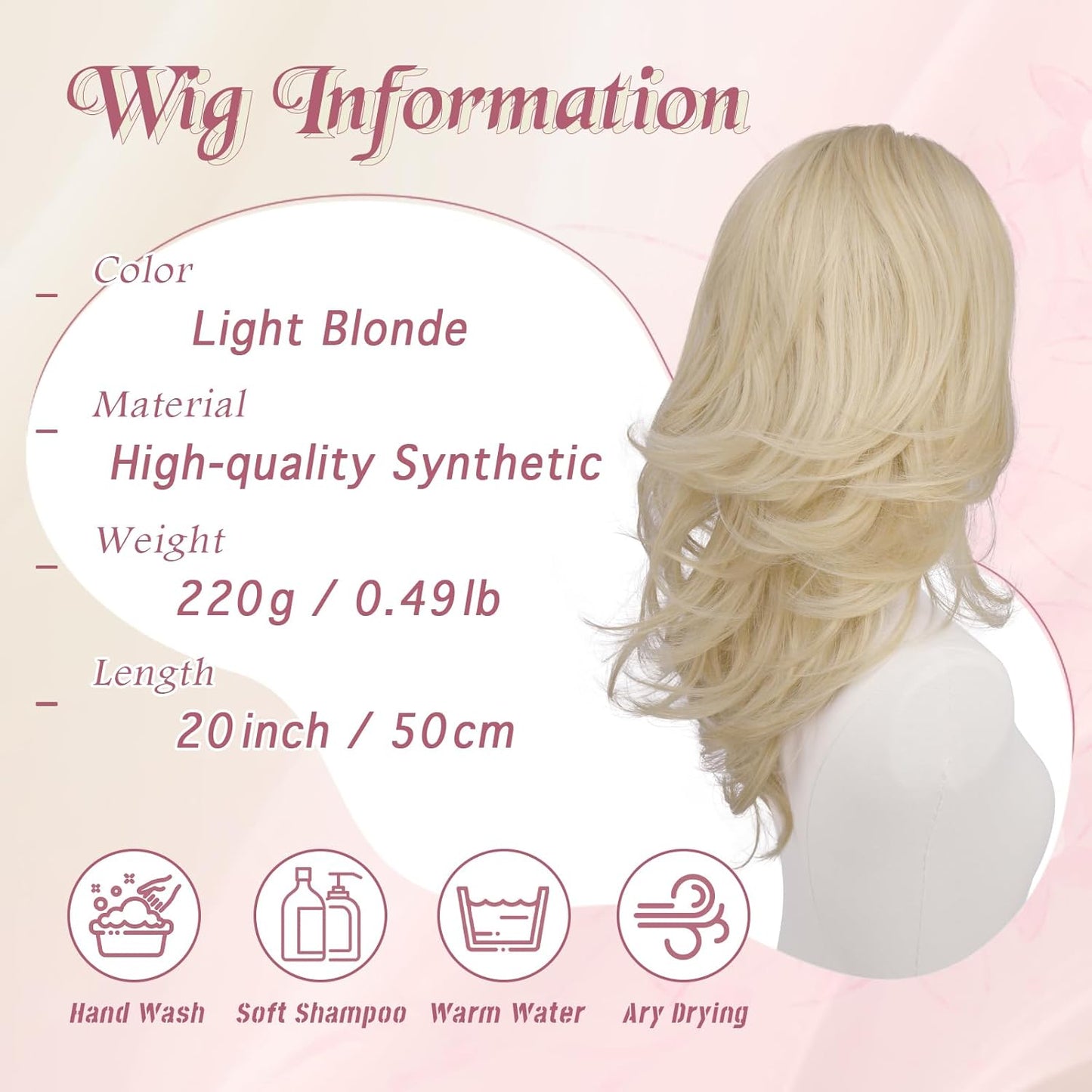 Blonde Layered Wig with Curtain Bangs - Natural-Looking Synthetic Hair | 20 Inch Light Blonde