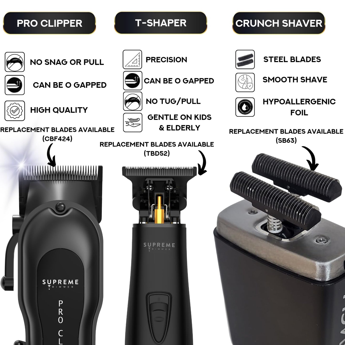 Supreme Trimmer 3-in-1 Barber Bundle | Pro Clipper, T-Shaper Trimmer & Crunch Foil Shaver | Professional Beard Trimmer Men’s Hair Clipper Kit | Gold
