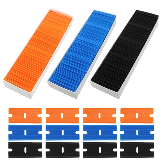 Litoexpe 300 Pcs Double Edged Plastic Blades, Replacement Blades Safety Glass Scraper Plastic Razor for Removing Decals Adhesive Residue Glass Cleaning (Black, Blue, Orange)