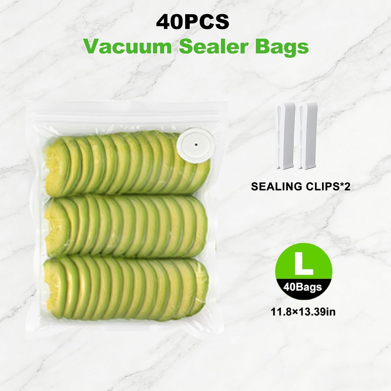Vacuum Sealer For Food and Vacuum Sealer Bags Large（11.8×13.4in), 40 Reusable Vacuum Sealer Bags for Food and 2 Seal Clips for 10X Preservation & Fresh (Not Contain Vacuum Sealer)-Large Bags