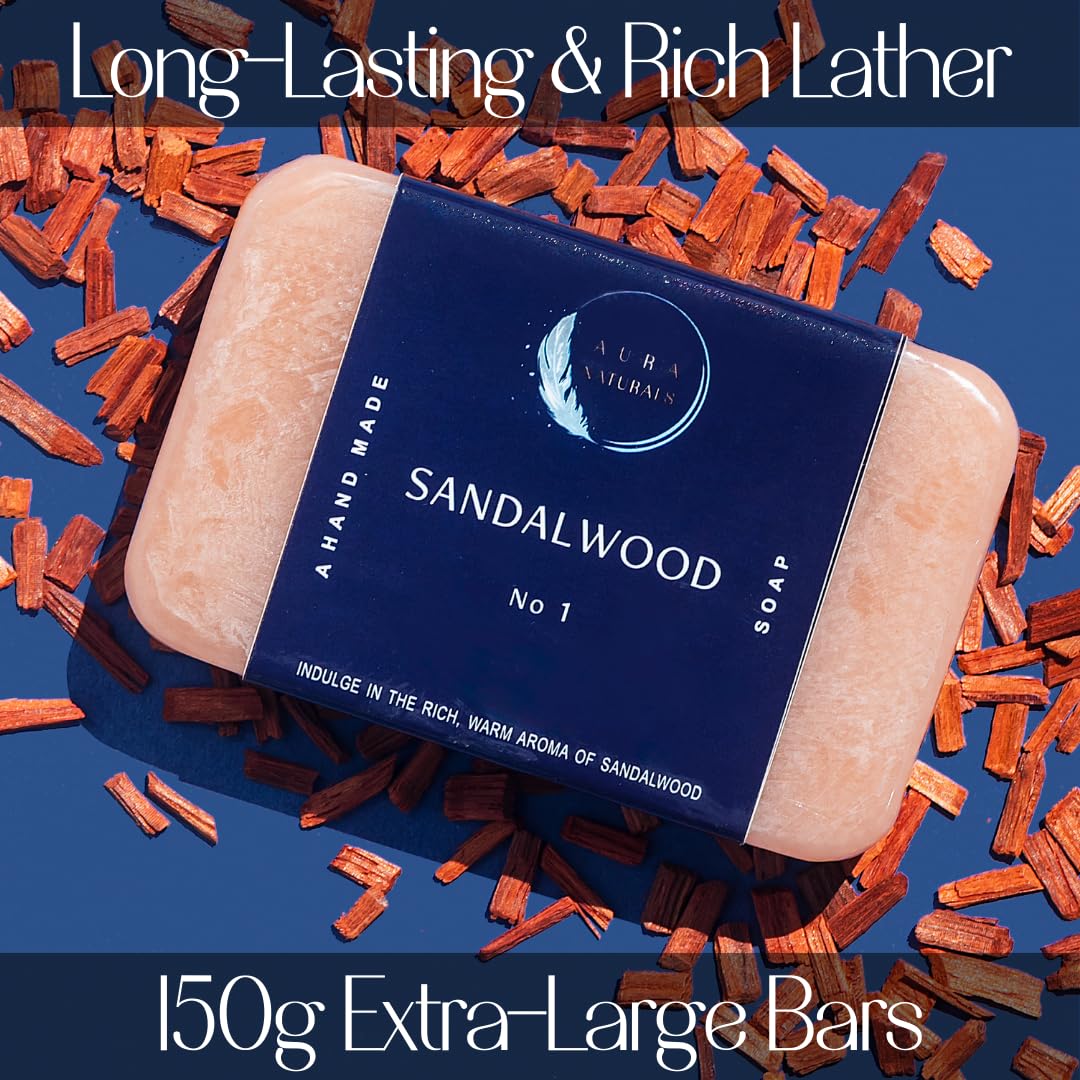 Aura Naturals Mens Bar Soap Pack of 4 - Sandalwood, Lemon, Activated Carbon & Chamomile Scented Natural Soap for Men - 5.3oz Bar - Exfoliating Soaps for Men Body, Hand, Face - Male Soaps Gift Set