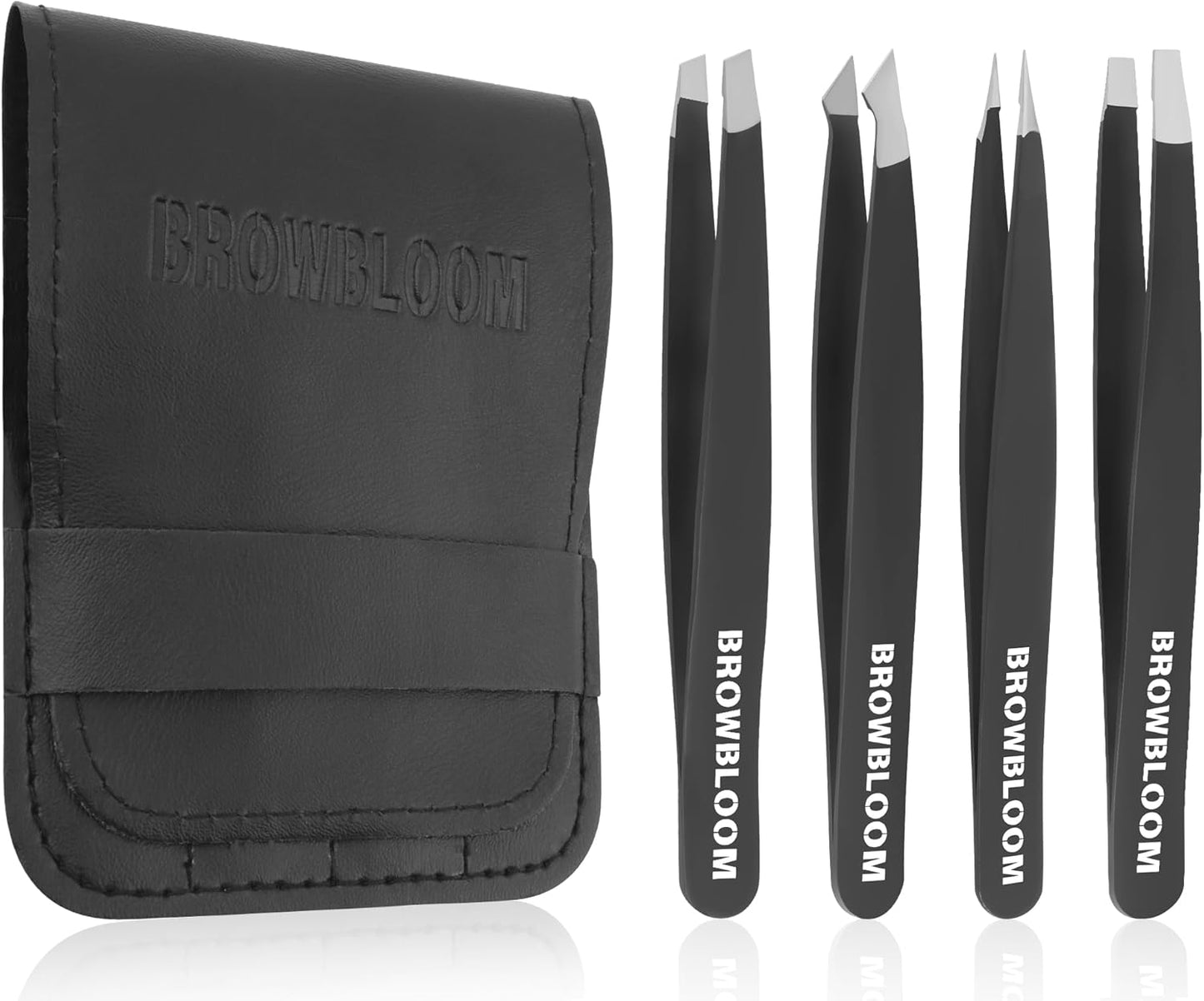 Professional Tweezers Set - 4-Piece Black Stainless Steel Precision Tweezers for Facial Hair & Eyebrows | Includes Carrying Pouch