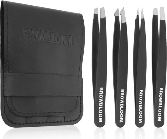 Professional Tweezers Set - 4-Piece Black Stainless Steel Precision Tweezers for Facial Hair & Eyebrows | Includes Carrying Pouch