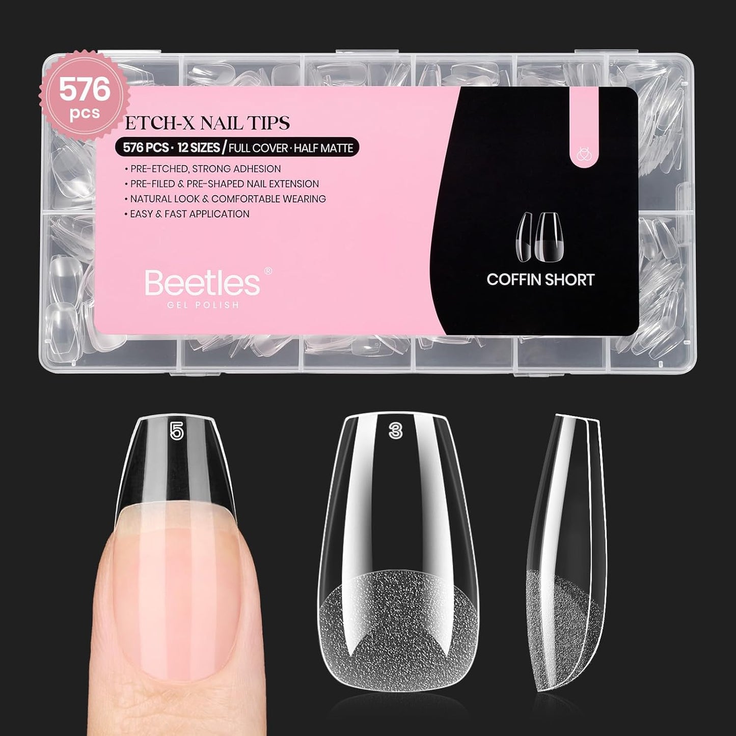 Beetles Gel Nail Tips - 576 Pcs Short Almond Acrylic False Nails | 12 Sizes, Easy DIY Press-On Extensions