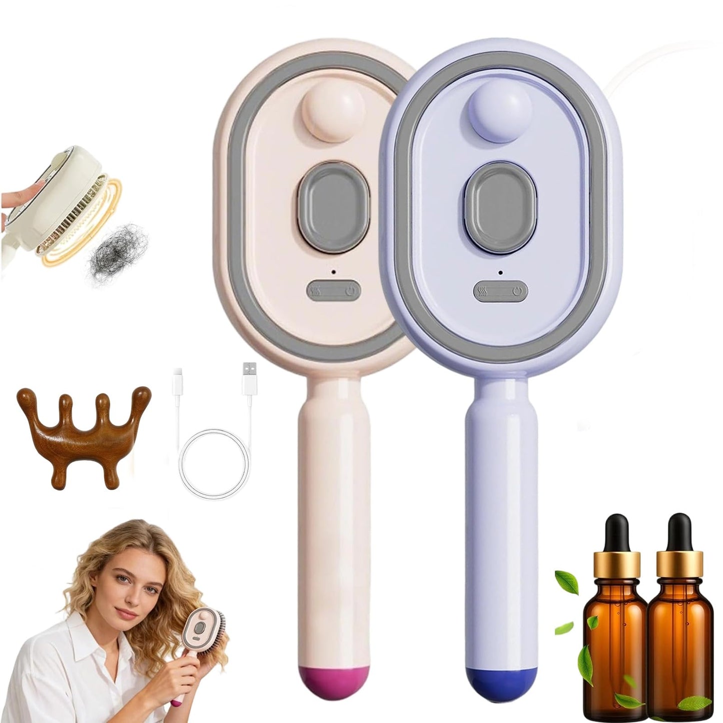 LUGLIEO Electric Spray Air Cushion Message Comb, Rechargeable 3-in-1 Misting Hair Brush with Water Spray, Anti-Static & Detangling Electric Steam Brush for Women Girls Home Spa (2PCS-B23)