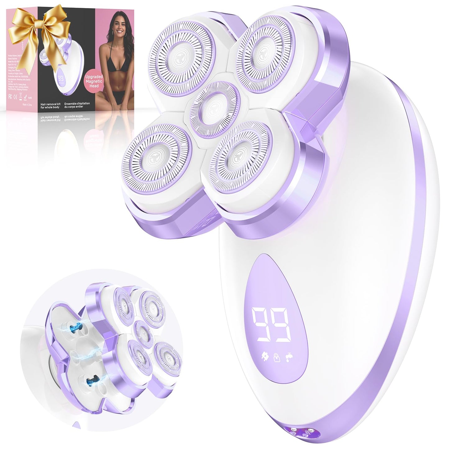 Electric Razors for Women - Upgraded Magnetic Electric Shaver for Women, Cordless Painless Hair Remover for Legs Bikini Face, Lady Trimmer for Sensitive Skin, Detachable and Waterproof, Brass