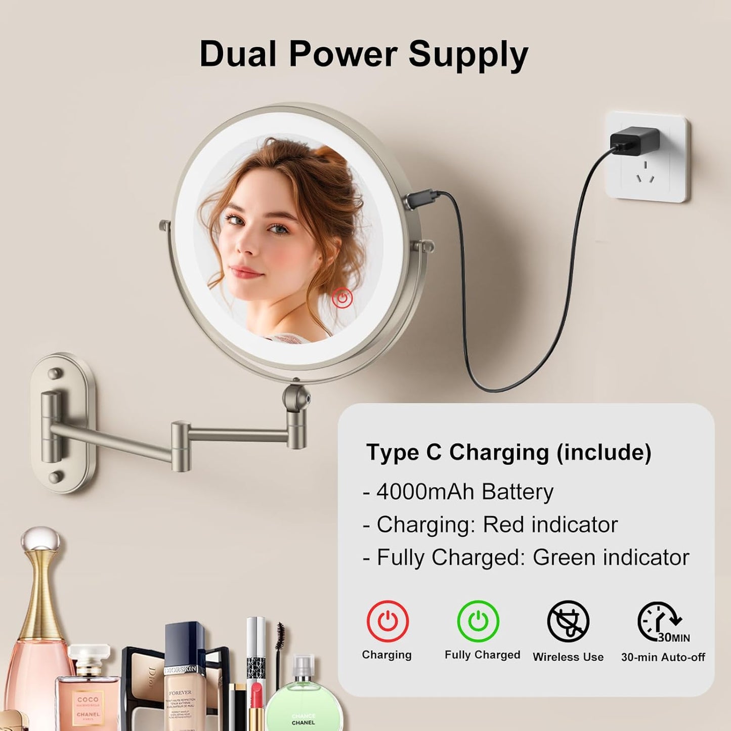 IMIKONA 9-Inch Wall Mounted Lighted Makeup Mirror - 1X/10X Magnification, 3 Color Lights, Touch Dimmable, 360° Rotation