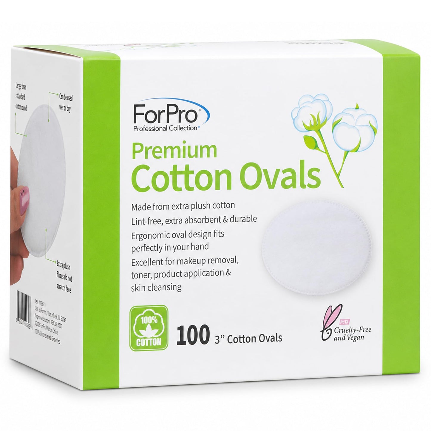 ForPro Premium 100% Cotton Ovals (100-Count), Ultra-Plush Extra-Absorbent Lint-Free 3" Cotton Pads for Makeup Removal, Cleansing and Skincare Application, Hypoallergenic, Vegan & Cruelty-Free