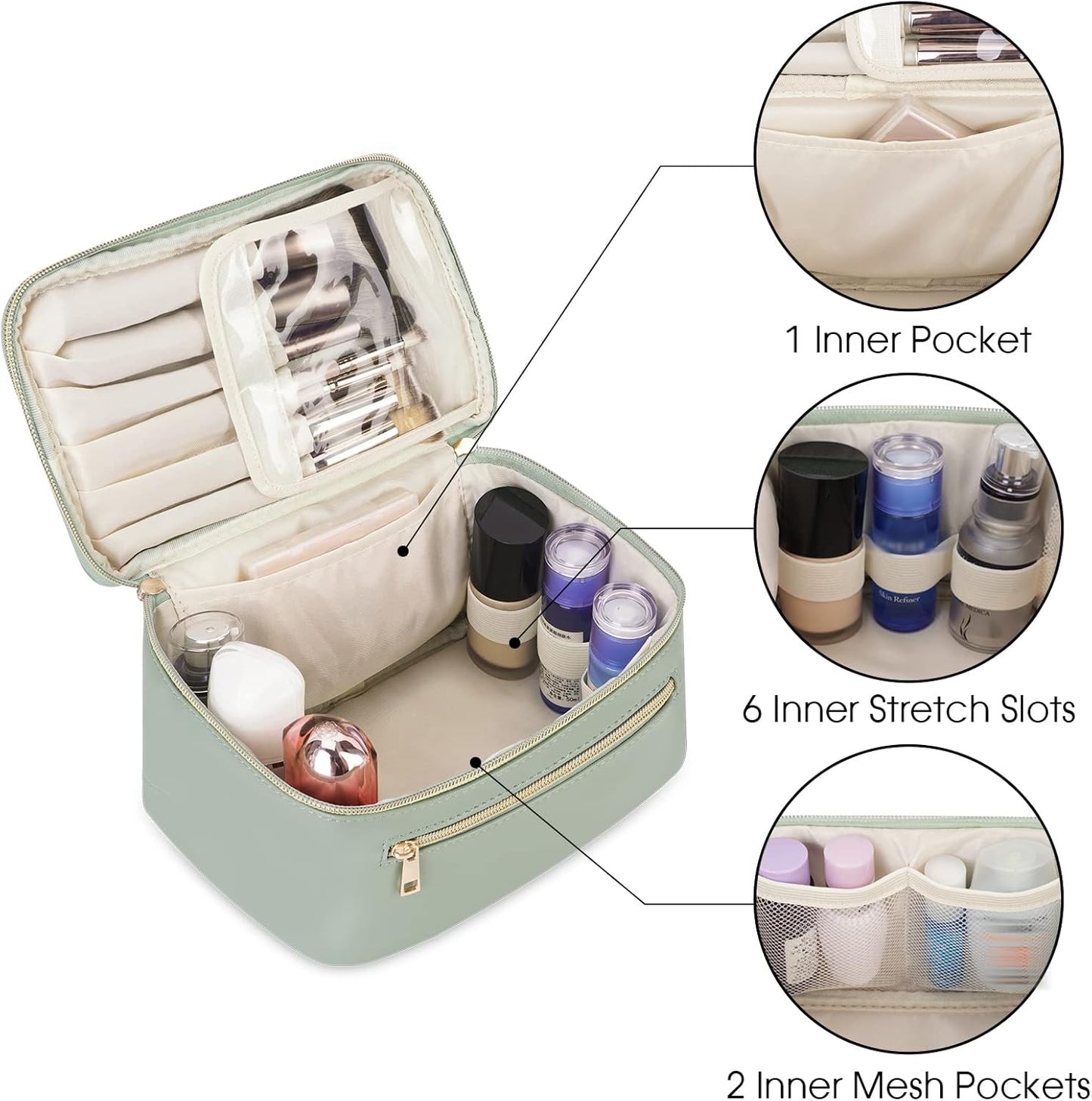 Makeup Bag - Travel Cosmetic Organizer in Vegan Leather | Sage Green, Stylish & Functional