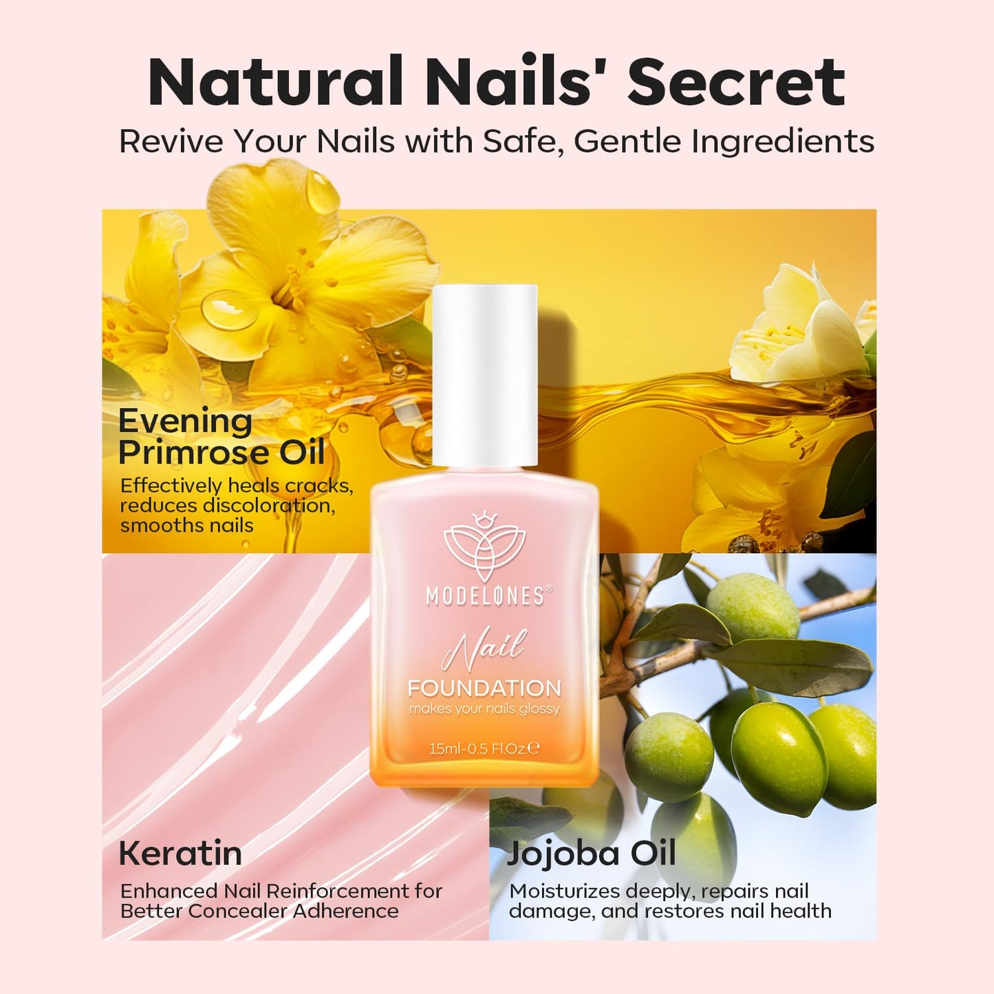 Modelones Nail Strengthener - Peachy Pink Repair Polish for Damaged Nails | 15ml Natural Growth & Concealer