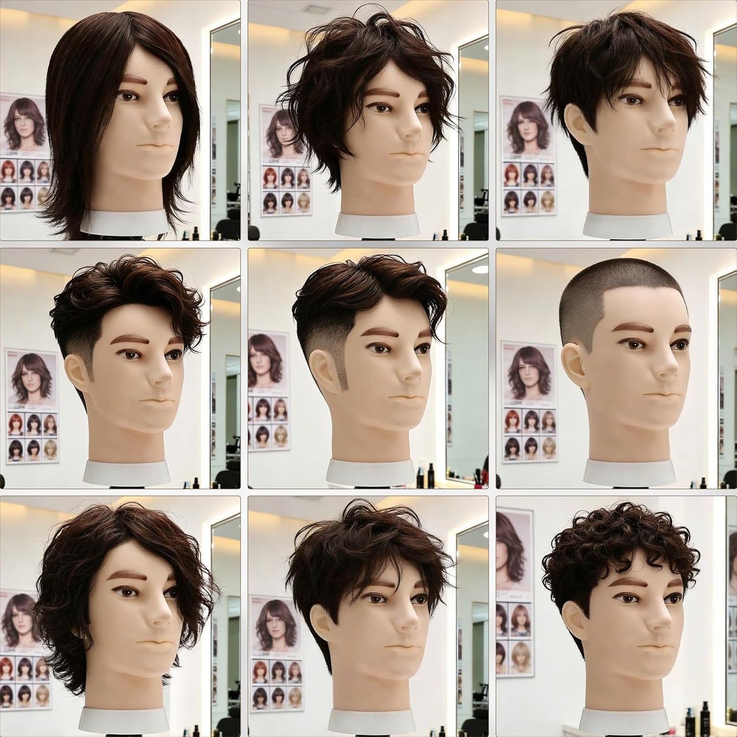 Barber Mannequin Head, 100% Real Brown Human Hair Male Head with Table Clamp, 8" Professional Hairdresser Training Doll Manikin Head for Practicing Hair Cutting and Styling