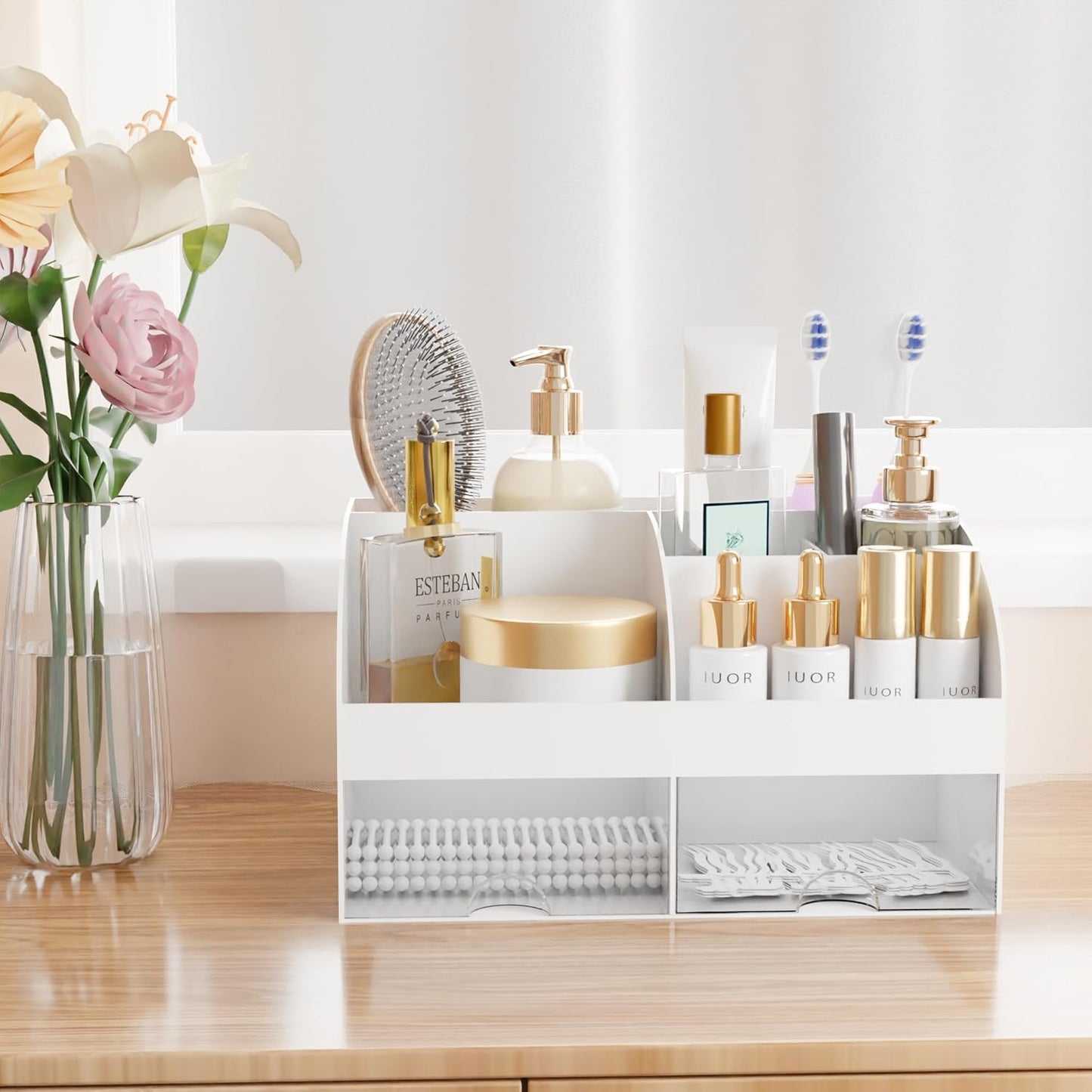 Makeup Organizer - Cosmetic Storage with Drawers for Vanity & Bathroom | White Beauty Holder for Lipstick & Brushes