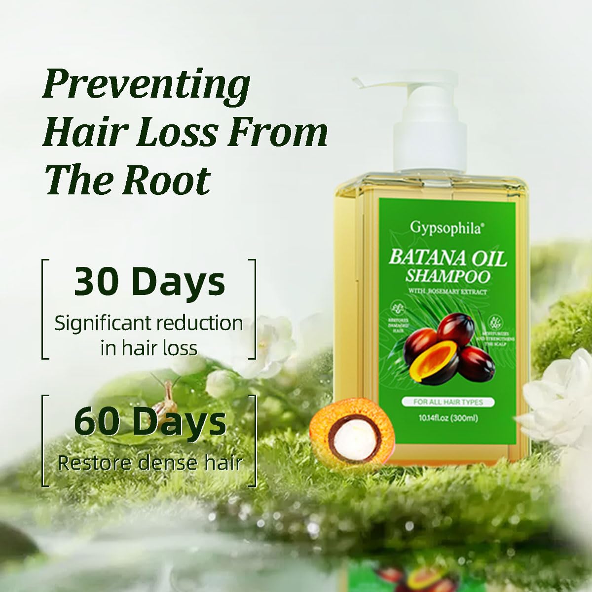 Gypsophila Batana Oil Shampoo,Rosemary Shampoo,Nourishing & Rejuvenating for Softness & Volume, Suitable for Men & Women, Reduces Hair Loss (10.14 fl oz)