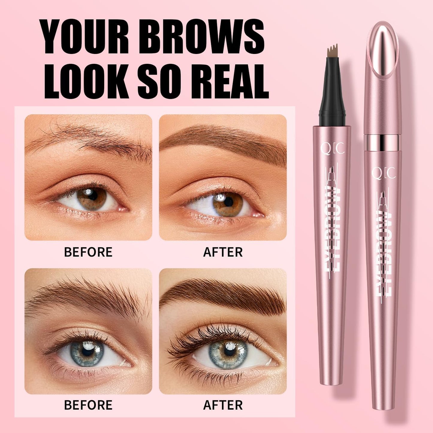 QIC 4-Tip Microblading Eyebrow Pen, Waterproof Brow Marker for Natural Hair-Like Strokes, Quick-Dry Smudge-Resistant, Light Brown