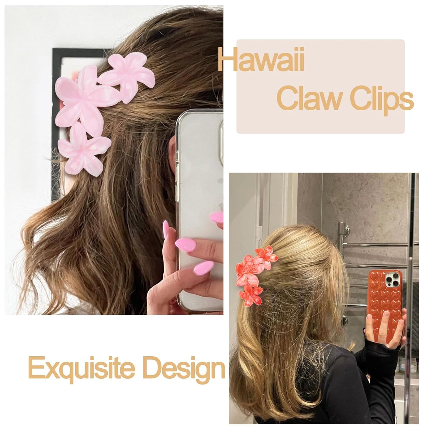 Cute Hawaiian Flower Claw Hair Clips - 4Pcs Large Clips for Thick or Thin Hair | Pink & Red Beach Accessories