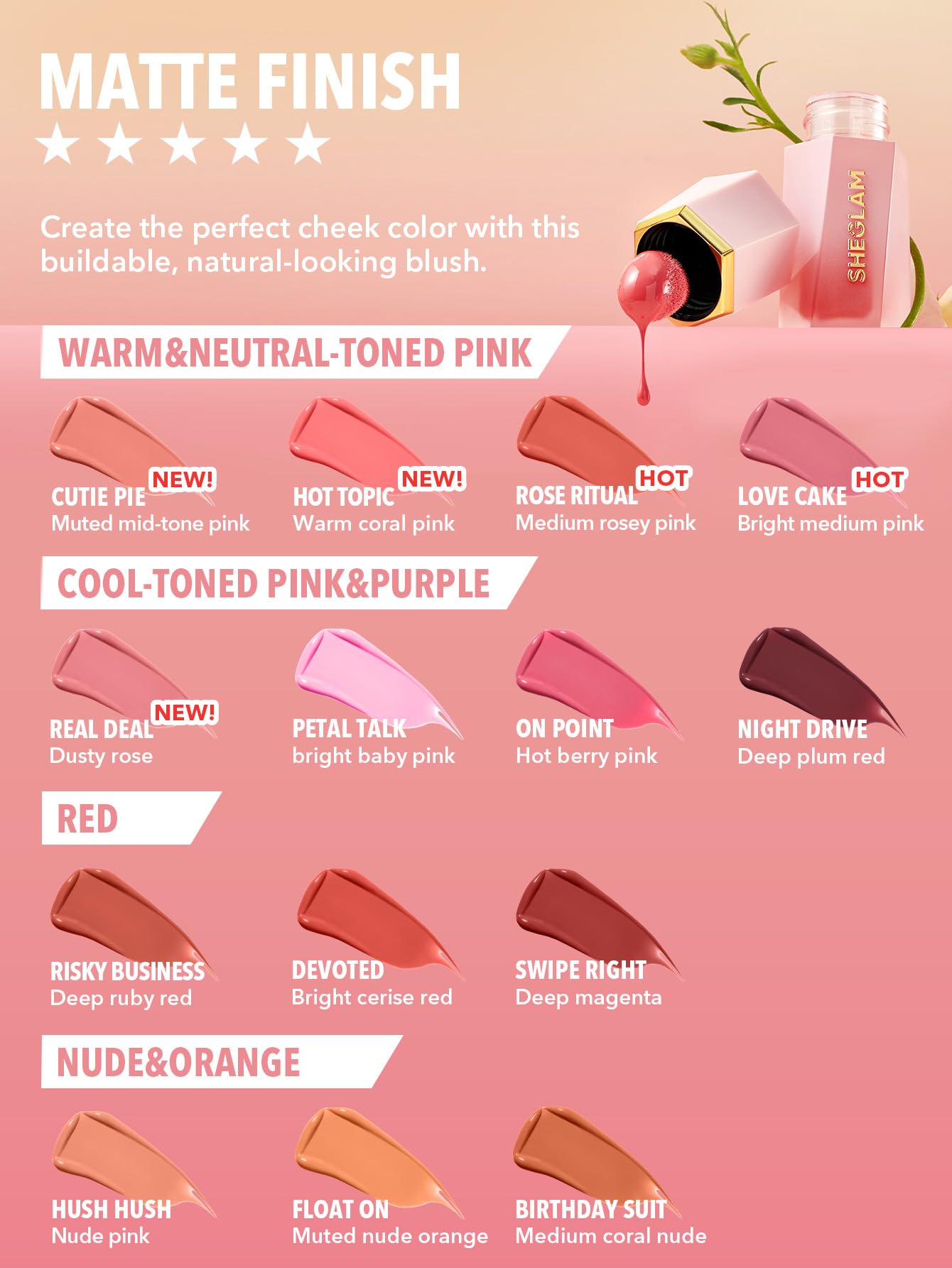SHEGLAM Color Bloom Liquid Blush Makeup for Cheeks Matte Finish -004 Hot Topic