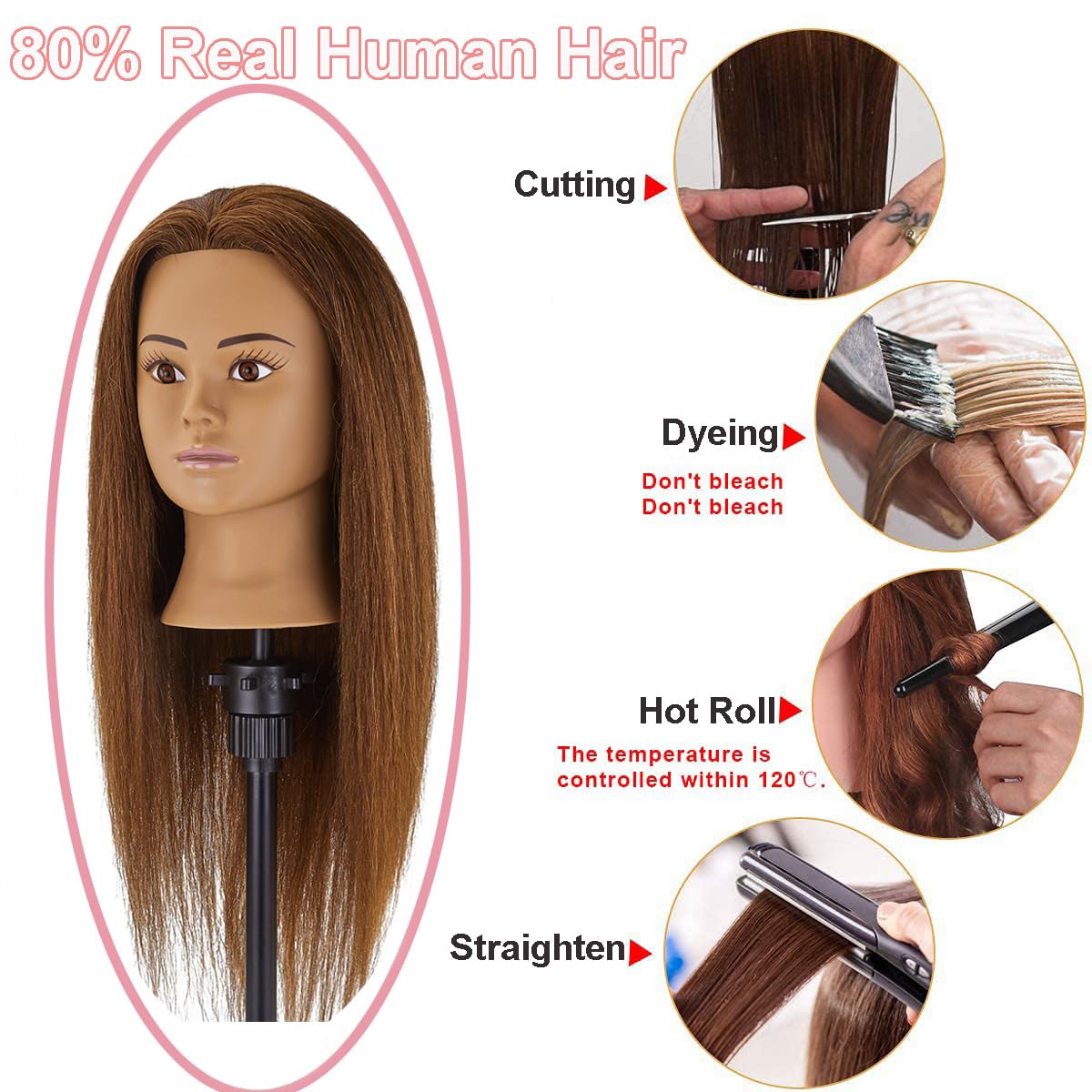 100% Human Hair Mannequin Head - Hair Styling Training Doll for Cosmetology | Includes Clamp Holder