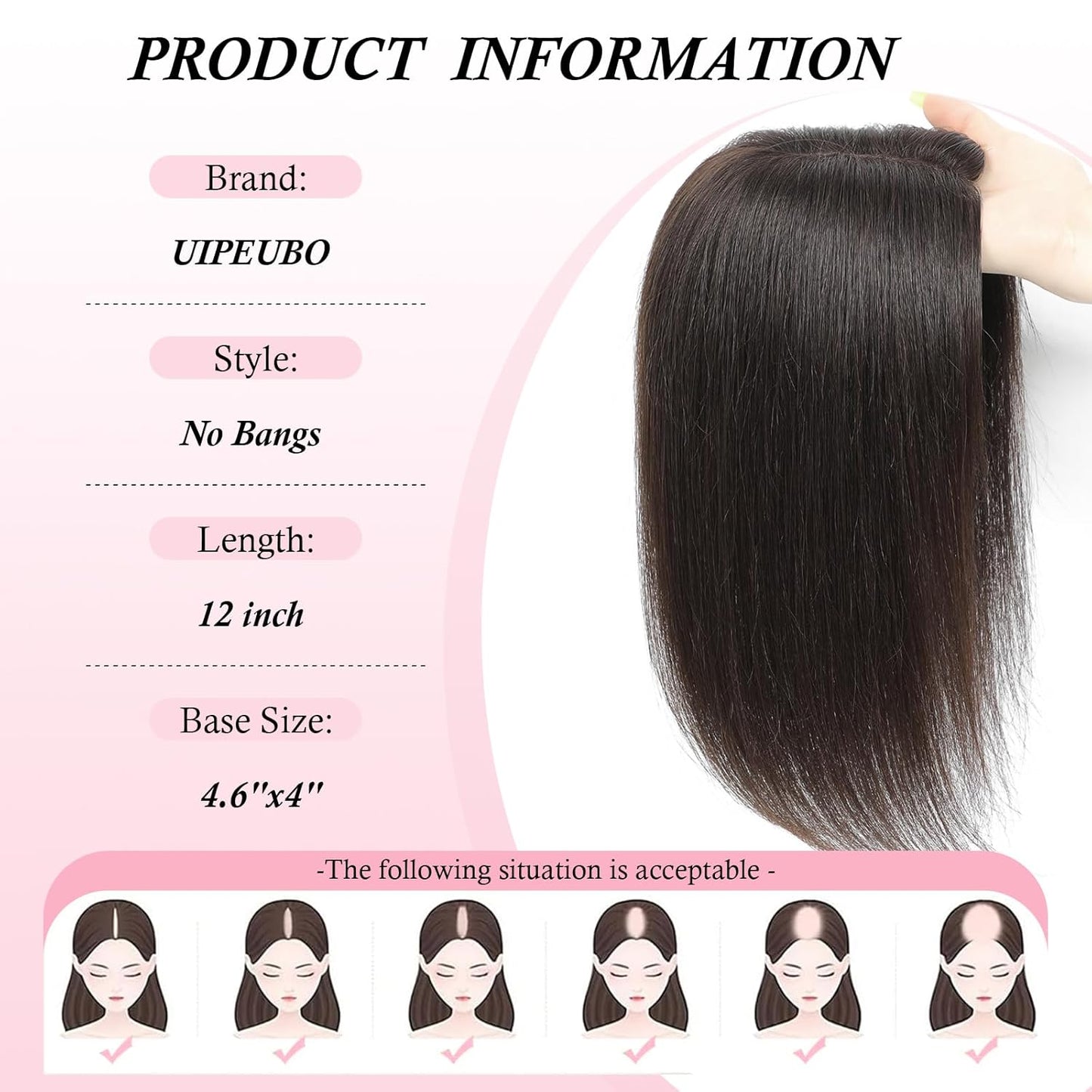 Real Human Hair Toppers for Women - 12 Inch Thinning Hairpieces | Dark Brown Color