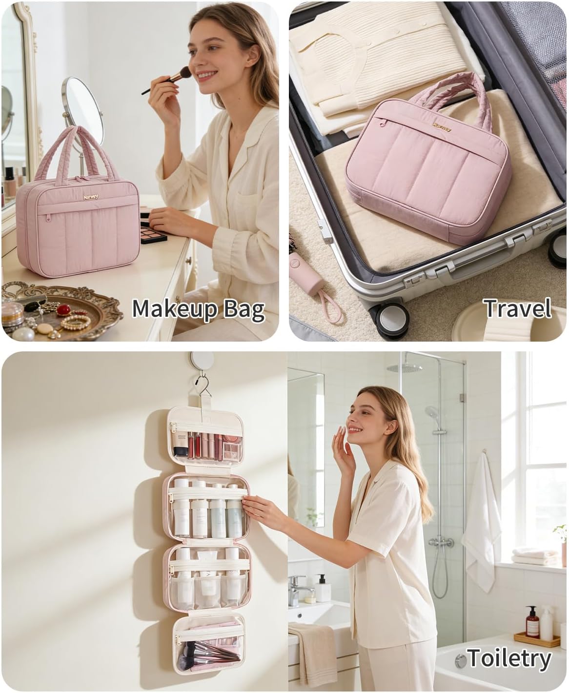 Quilted Travel Toiletry Bag for Women - Portable Makeup Organizer | Pink