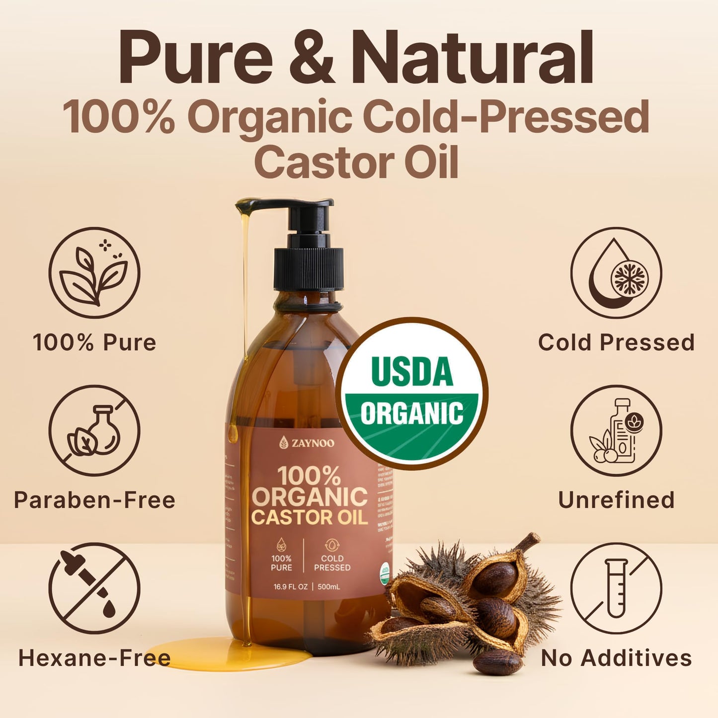 USDA Organic Castor Oil 16.9 fl oz/500 ml Cold Pressed, Hexane Free, Vegan, 100% Pure for Hair Growth, Face, Skin, Lashes, Brows, Body Massage, Aceite de Ricino in Glass Bottle with BPA-Free Pump