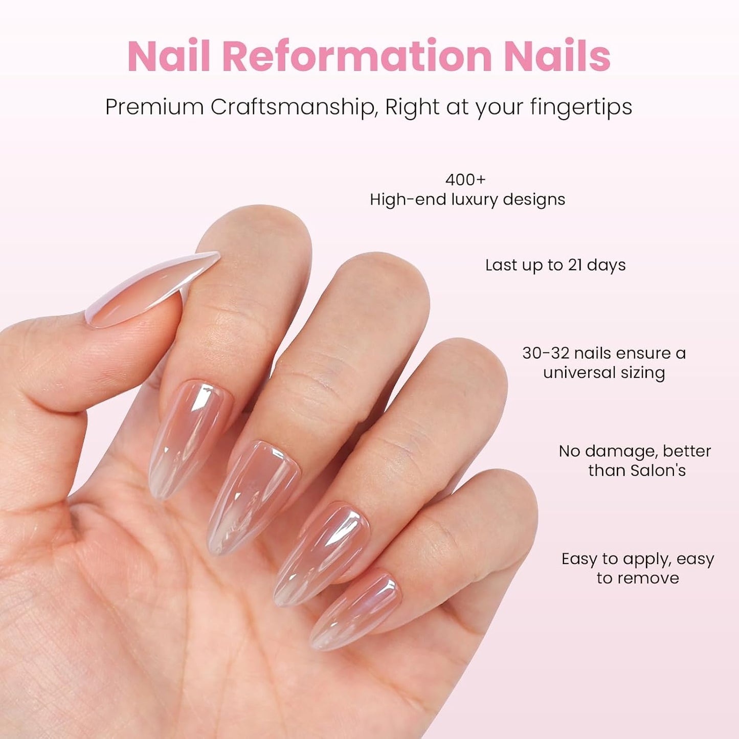 Almond Press On Nails - Rose Gold Glazed Finish | Natural & Reusable, 30 Nail Tips with Glue, 15 Sizes