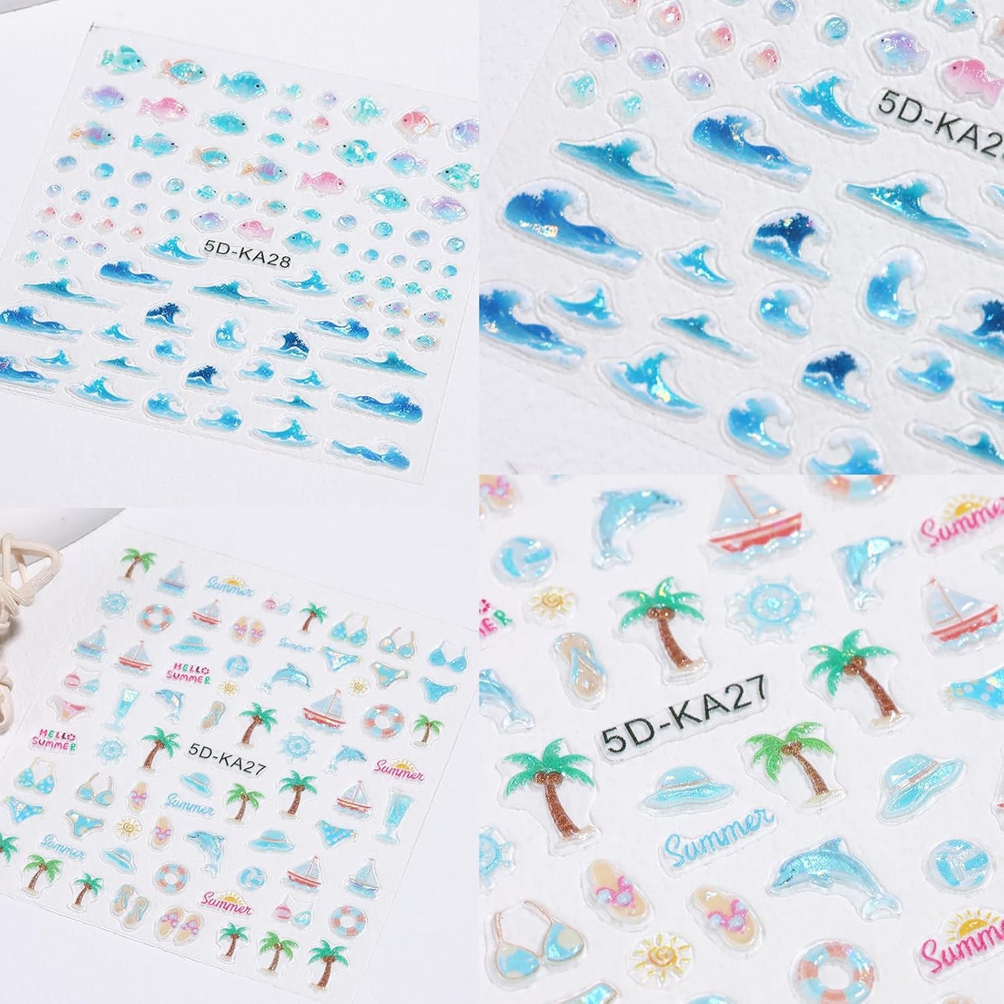5D Ocean Nail Stickers - Tropical Beach Nail Art Decals | Blue Wave, Fish & Sailboat Designs - 2PCS