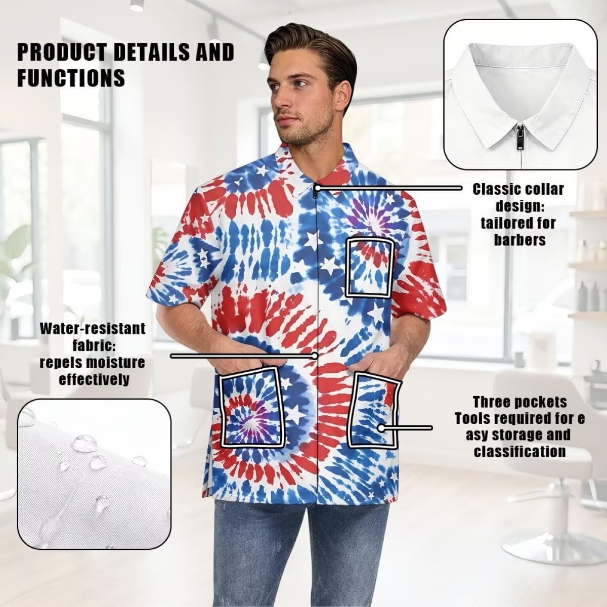 Hdjxbdhsv 4th of July Print Barber Shop Work Shirt,Tie-dye American flag Hairdresser Barber Shirts Hairstylist Shirt Gift Barbershop Scissors for Him Men Women
