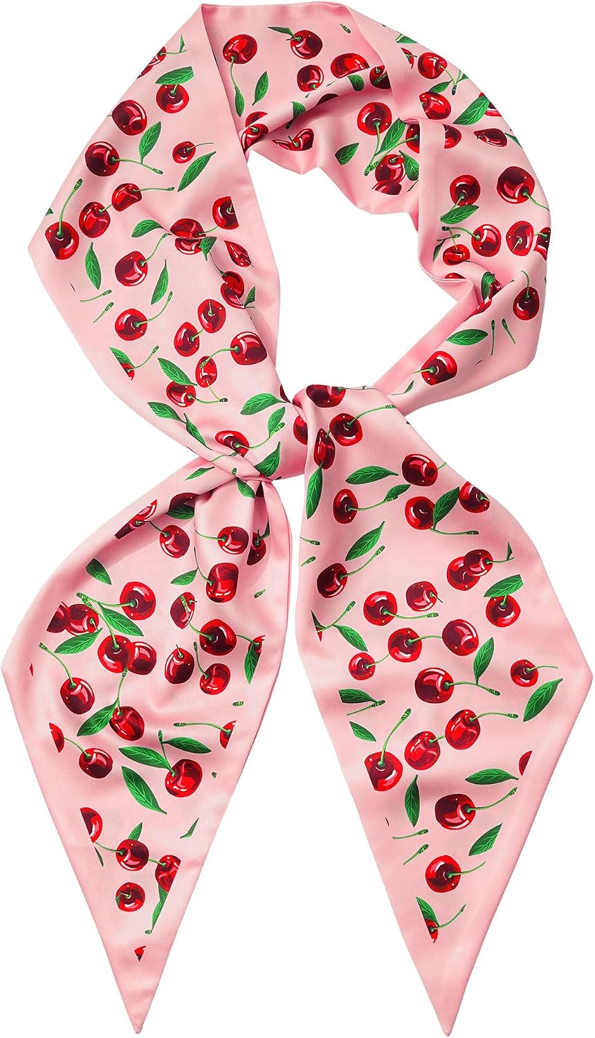 Cherry Head Scarf for Women - Long Thin Satin Hair & Neck Wrap | Fashion Accessory