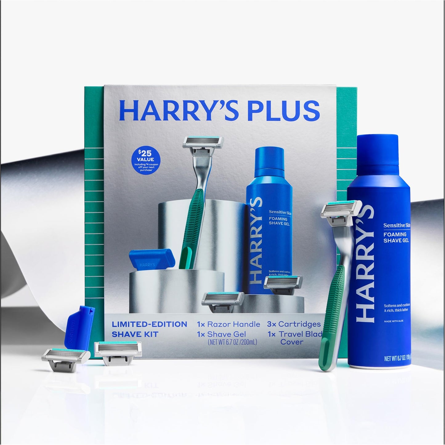Harry's Plus Men's Gift Set with Shaving Razor, 3 Blade Refill Cartridges, 6.7 FL OZ Foaming Shave Gel, Shaving Kit for Men