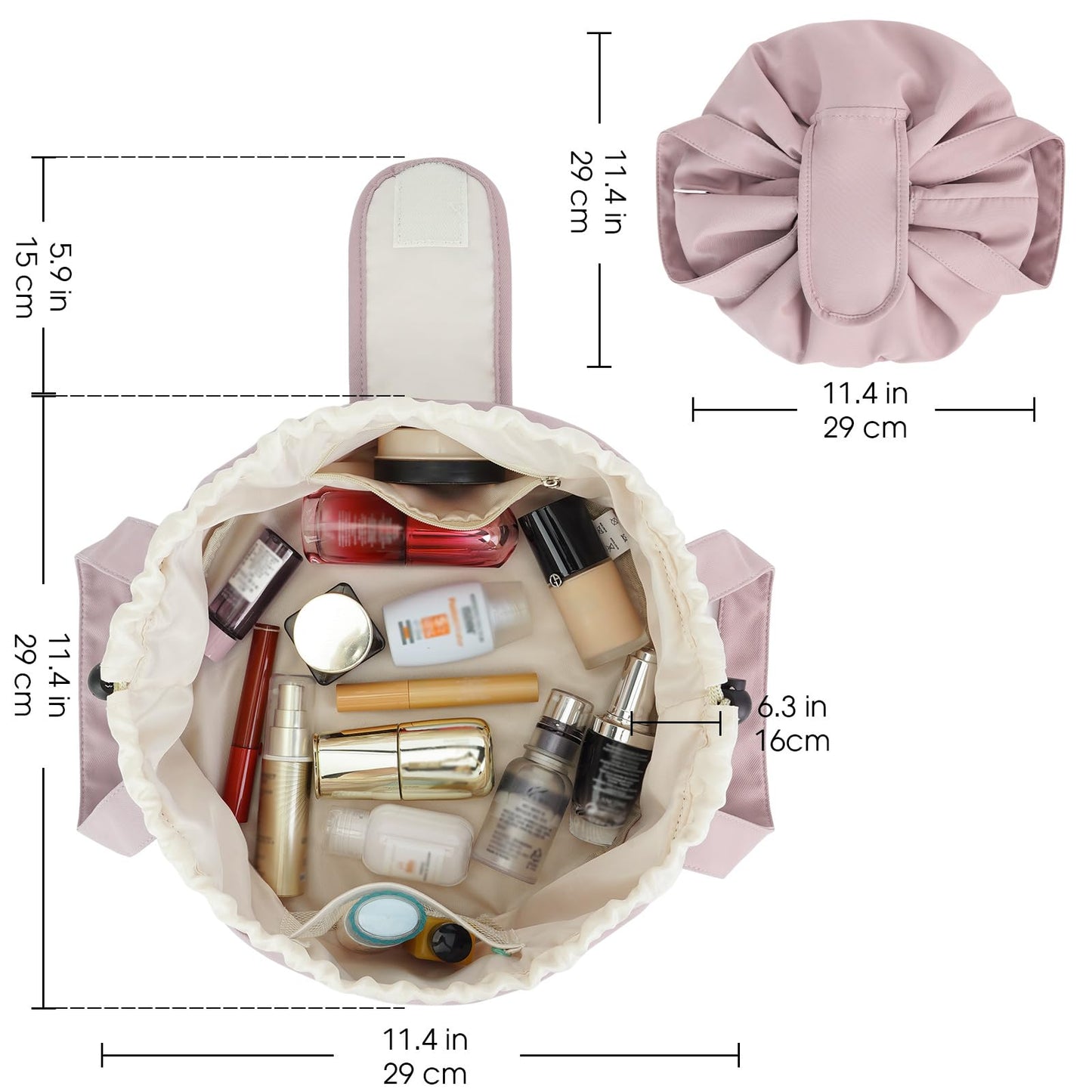 Narwey Barrel Drawstring Makeup Bag Pink Large Cosmetic Bag Make up Bags Toiletry Bag Travel Bags for Toiletries Organizer for Women Gift for Teen Girls (Dusty Rose) (Patent)